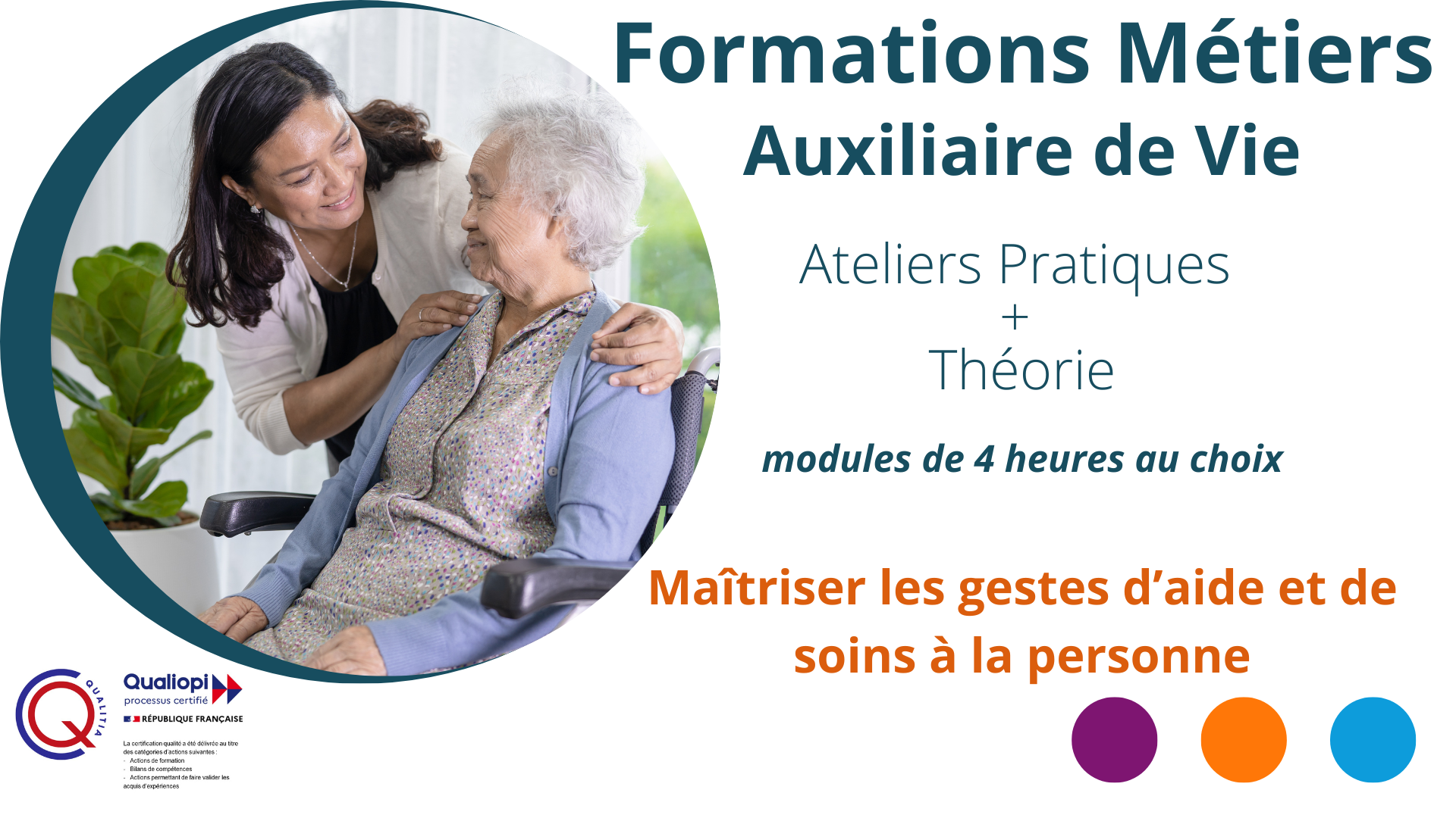 Représentation de la formation : Formations Métiers : Auxiliaire de Vie - théorie & ateliers pratiques