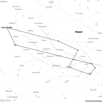 tourhub | Jee Tours | 15 Days Buddhist Tour In India and Nepal With a Visit To Taj Mahal | Tour Map