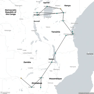 tourhub | Oasis Overland | Nairobi To Victoria Falls (53 Days) Apes & Lakes | Tour Map