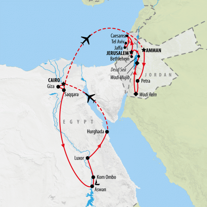 tourhub | On The Go Tours | Pyramids, Petra, Promised Land - 19 Days | Tour Map