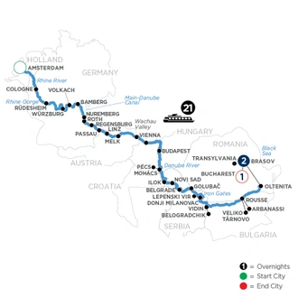 tourhub | Avalon Waterways | Iconic Rivers of Europe - the Rhine, Main & Danube with 2 Nights in Transylvania (Passion) | Tour Map