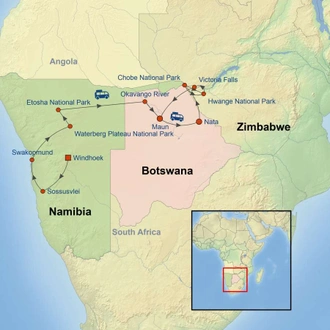 tourhub | Indus Travels | Highlights of Namibia, Botswana and Zimbabwe | Tour Map