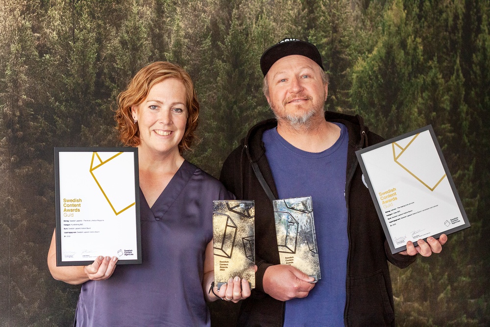 Anna Lindblom, Design Manager, och Håkan Stenlund, Content Manager på Swedish Lapland Visitors Board är del av det prisade teamet som får två guld i Swedish Content Awards. 