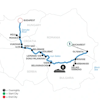 tourhub | Avalon Waterways | The Danube from Romania to Budapest with 1 Night in Bucharest (Illumination) | Tour Map