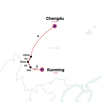 tourhub | G Adventures | China's Hidden Highlights: Chengdu to Kunming | Tour Map