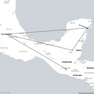 tourhub | Unu Raymi Tour Operator & Lodges | Adventure in Central America: Mexico (Cancun to Riviera Maya) & Guatemala – 12 Days | Tour Map