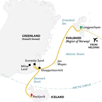 tourhub | Exodus | Four Arctic Islands: Spitsbergen, Jan Mayen, Greenland & Iceland | Tour Map
