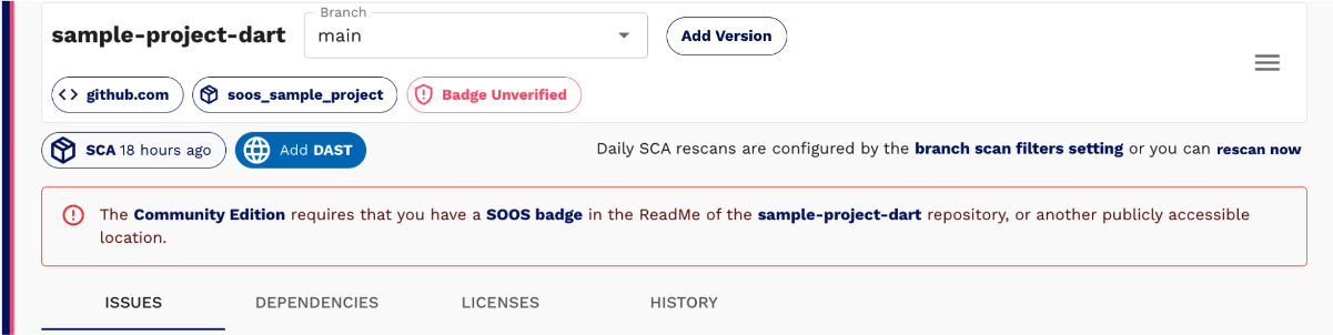 SOOS UI warning message indicating that a badge has not been correctly added to a linked public GitHub repository