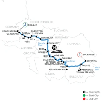 tourhub | Avalon Waterways | The Danube from Germany to Romania with 2 Nights in Prague (Passion) | Tour Map
