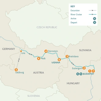 tourhub | Riviera Travel | The Blue Danube River Cruise with Budapest Extension - MS Geoffrey Chaucer | Tour Map