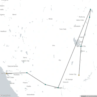 tourhub | Bindlestiff Tours | 11 Day National Parks Tour from Las Vegas to San Francisco via Yellowstone with Camping and Lodging | Tour Map