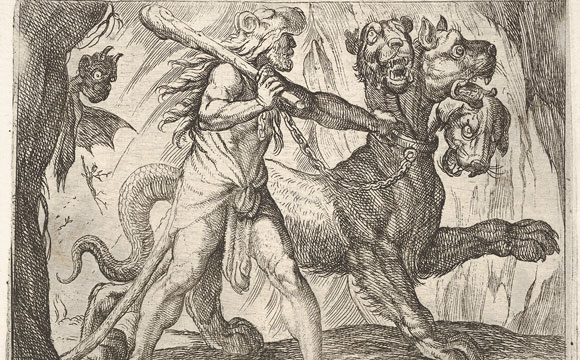Célèbre fresque de Cerbère et Hercule dans la mythologie grecque.