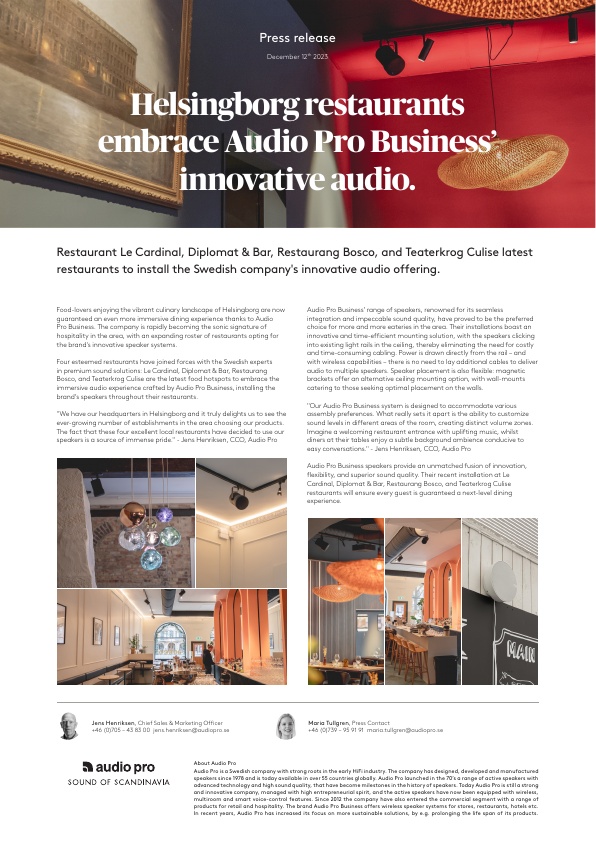 Press release English, Audio Pro Business, HBG restaurants