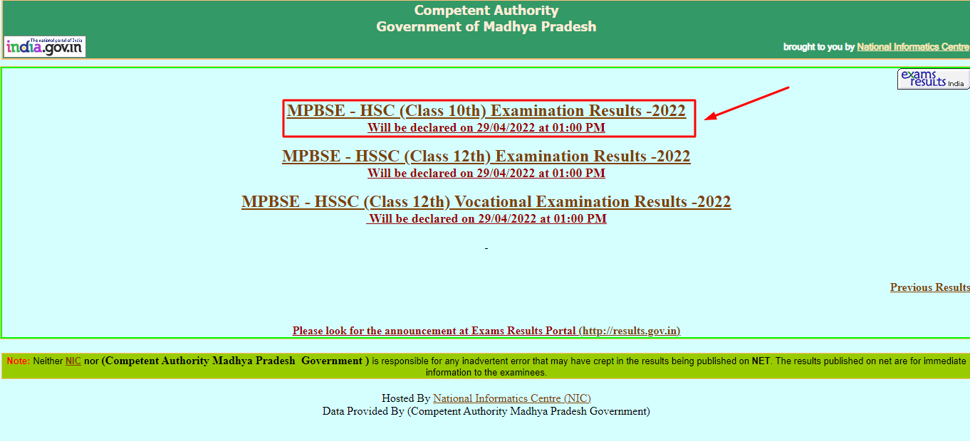 MPBSE Board Class 10th Result link 