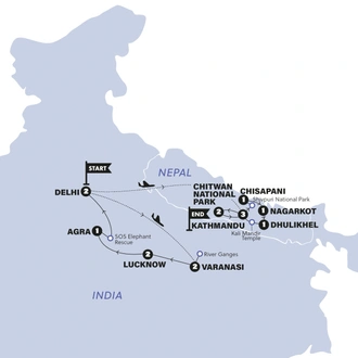 tourhub | Contiki | Delhi to Kathmandu and Nepal | Nepal Trek and Temples | Tour Map