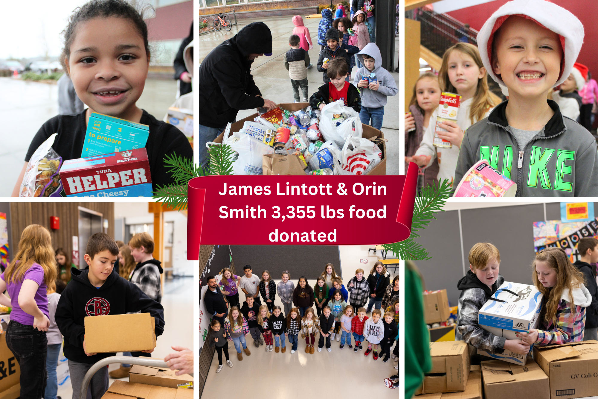 Photos of James Lintott and Orin Smith Elementary students loading donated food into pallets for the Greater Chehalis Food Bank.