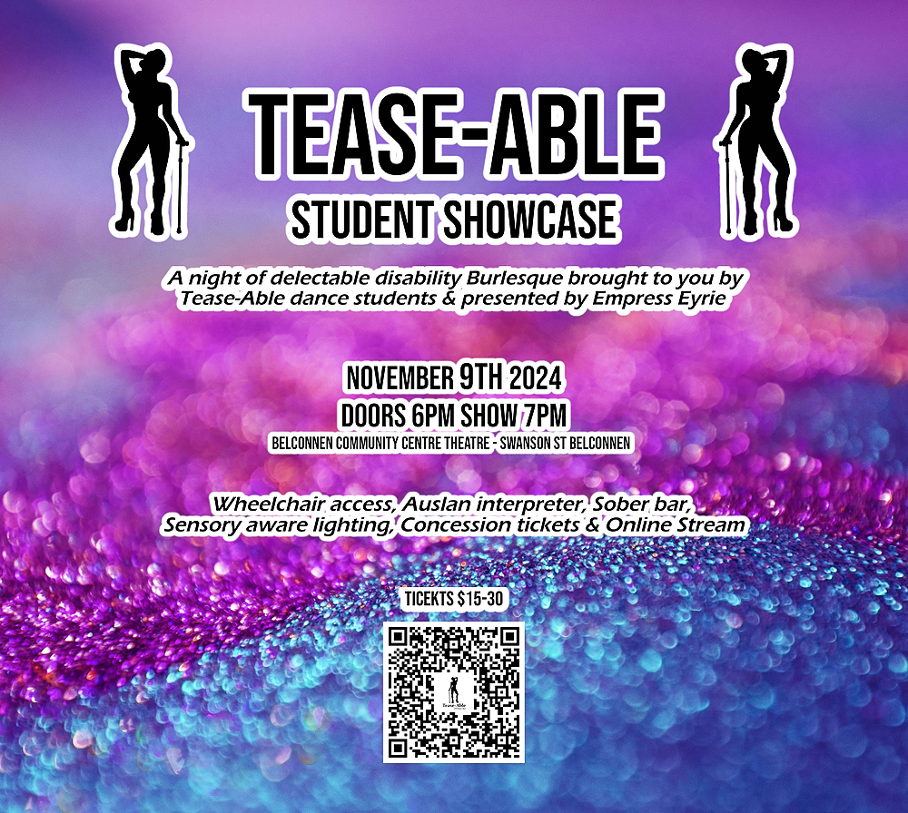 A promo poster for Tease-Able student showcase. White and black font over top a pink, purple and blue glitter image.