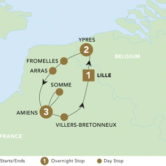 tourhub | Back-Roads Touring | ANZAC on the Western Front: Dawn Service (Northbound) 2024 | Tour Map