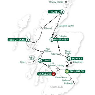 tourhub | Brendan Vacations | Scotland's Highlands, Islands and Cities Summer 2024 | Tour Map