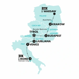 tourhub | Contiki | Warsaw to Rome Vistas | Summer | 2024 | Tour Map