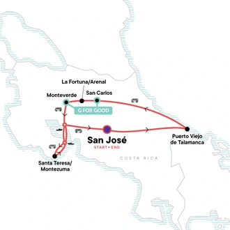 tourhub | G Adventures | Basic Costa Rica: Coastlines & Cloud Forests | Tour Map