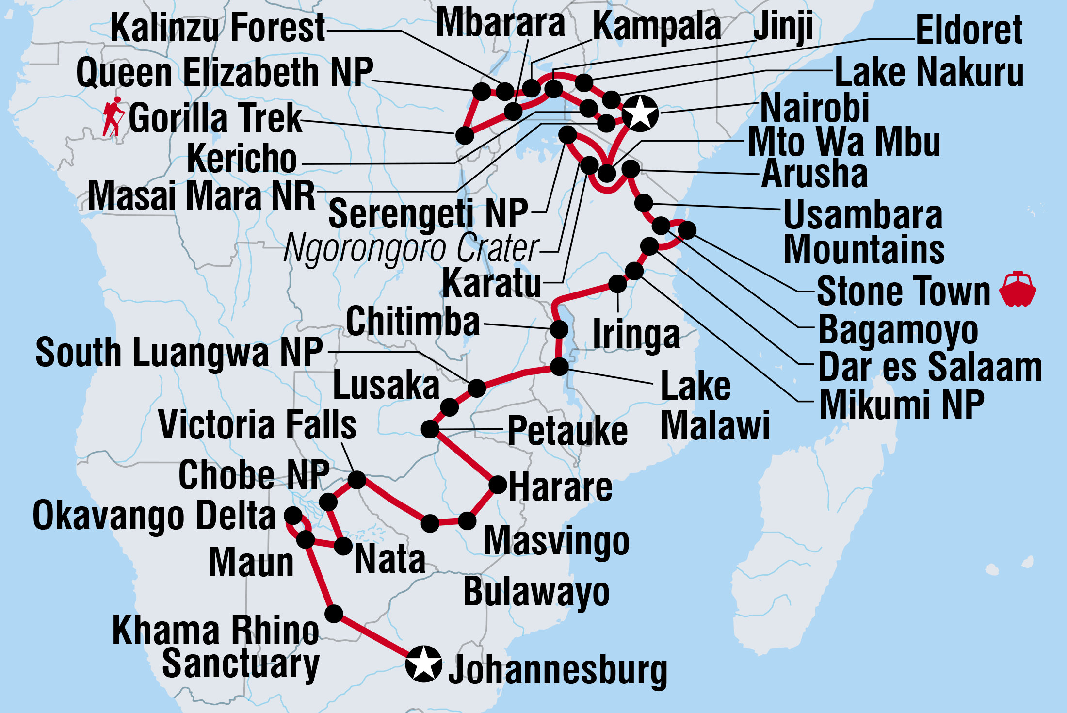 tourhub | Intrepid Travel | Johannesburg to Gorillas | Tour Map