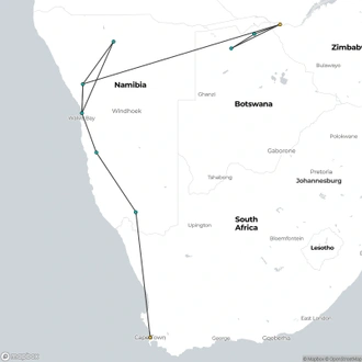 tourhub | Oasis Overland | Victoria Falls To Cape Town (22 Days) Deserts & Gameparks | Tour Map