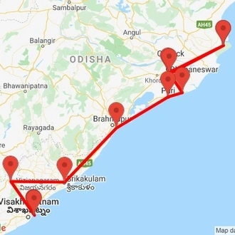 tourhub | Agora Voyages | Bhubaneswar to Vizag Temple, Beaches & Valley | Tour Map