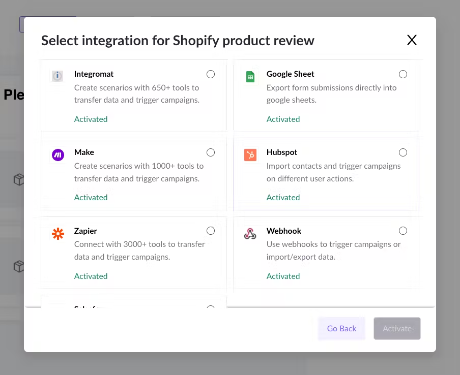 Various integration options that are apps are shown in the image.