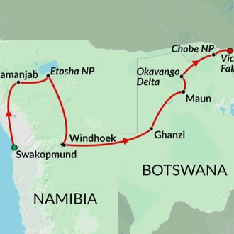 tourhub | Encounters Travel | Namibia & Botswana Uncovered tour | Tour Map