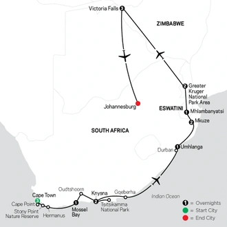 tourhub | Cosmos | South Africa: From the Cape to Kruger with Victoria Falls | Tour Map