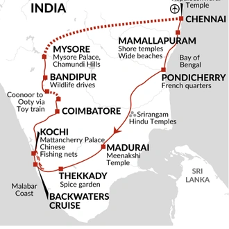 tourhub | Explore! | Highlights of Southern India | Tour Map