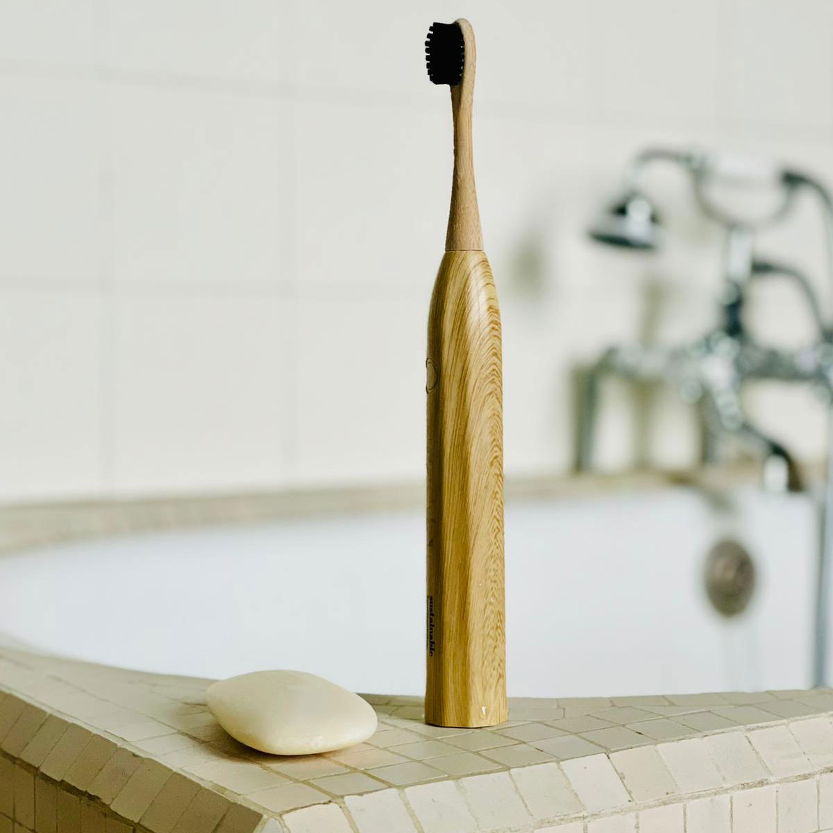 Sustainable Tomorrow Zen Bamboo Electric Toothbrush in a minimal bathroom