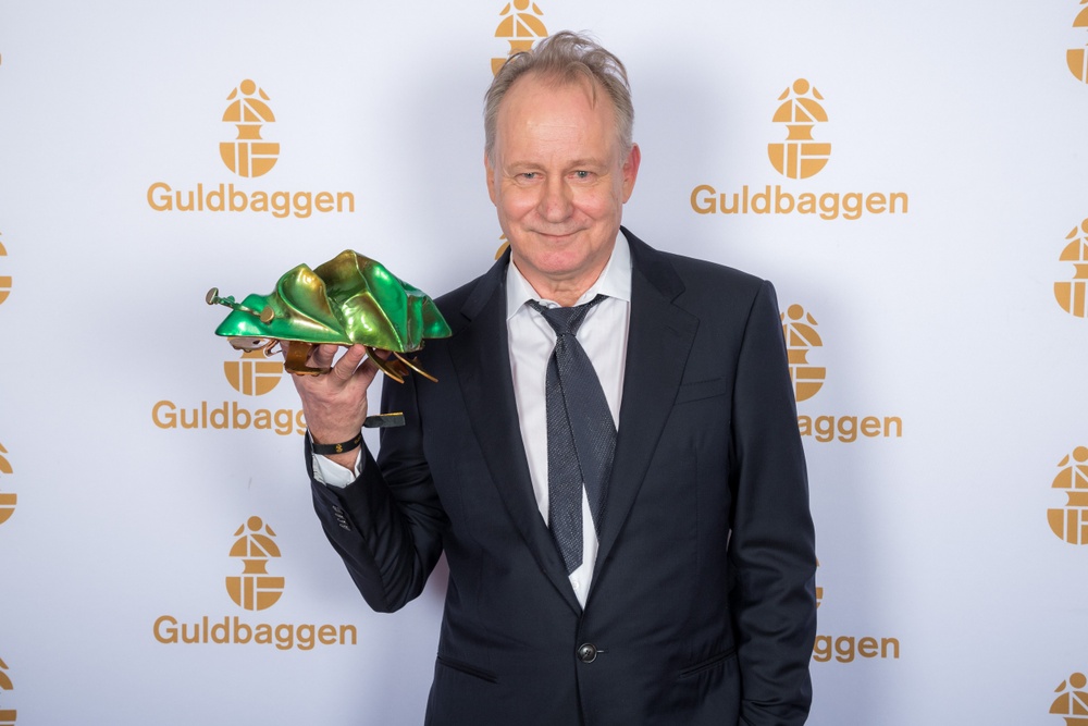 Stellan Skarsgård med sin Guldbagge för Bästa manliga biroll i Borg på 2018 års gala. Foto: Pelle T. Nilsson / SPA
