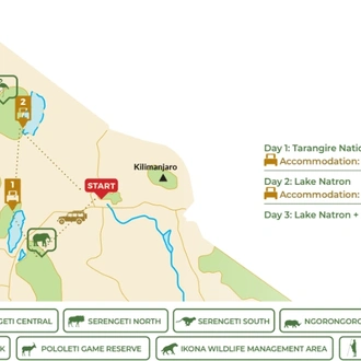 tourhub | Beach and Safari Holidays | From Arusha: 3 Days Safari Magical Lake Natron and Tarangire | Tour Map