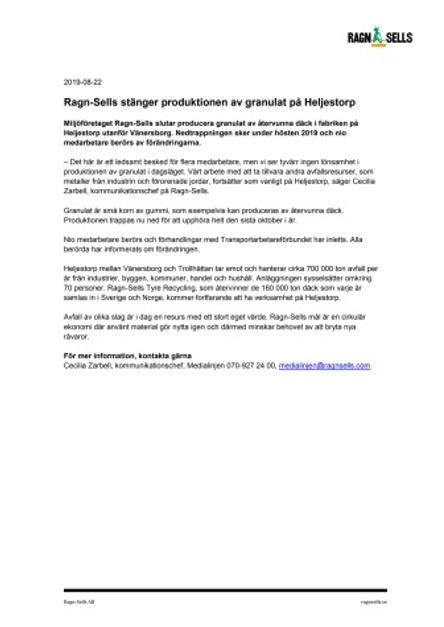 Ragn-Sells stänger produktionen av granulat på Heljestorp