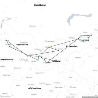 tourhub | Crooked Compass | Treasures of Uzbekistan, Kyrgyzstan, Kazakhstan &#038; Tajikistan &#8211; LUXURY RAIL | Tour Map