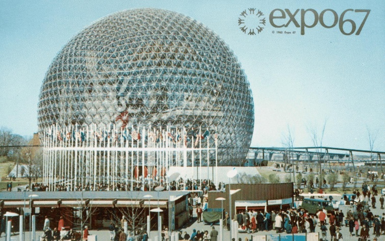 TVR: Carte postale d’Expo 67 avec la Place des Nations et le pavillon des États-Unis. – 1963. – Archives de la Ville de Montréal. P110-Y_15-001