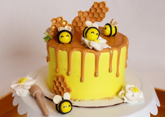 Honey Cake with Edible Bees on Top, the Top of the Cake is