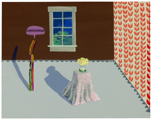 A painting of a funky room with a vase of flowers atop a table with a scaly-looking tablecloth to the right of an abstract straw-shaped being with a speech bubble reading "COMPANIONSHIP” above it.