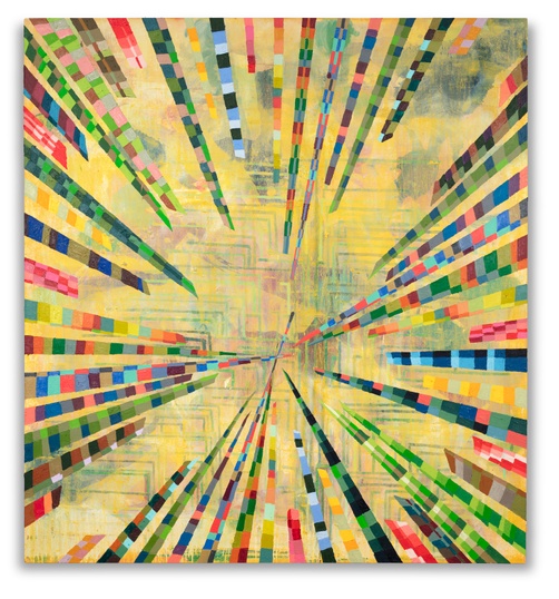 Vibrantly colored lines extend from the perimeter of the piece into the center. A yellow background features line formations and colored spots.