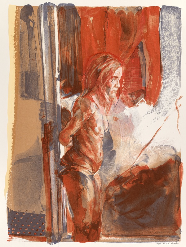 A red, brown, and cream painting of a partially nude female figure leaning against a wall.