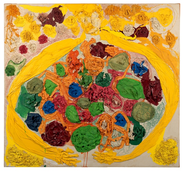 An abstract, textural, painting with lots of bright yellow and many circular shapes made of strips of canvas covered with different colors of paint.