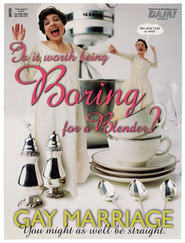Advertisement of two women in wedding dresses holding hands, surrounded by large kitchenware centered around the phrase “Is it worth being Boring for a Blender?” with artwork title text below.