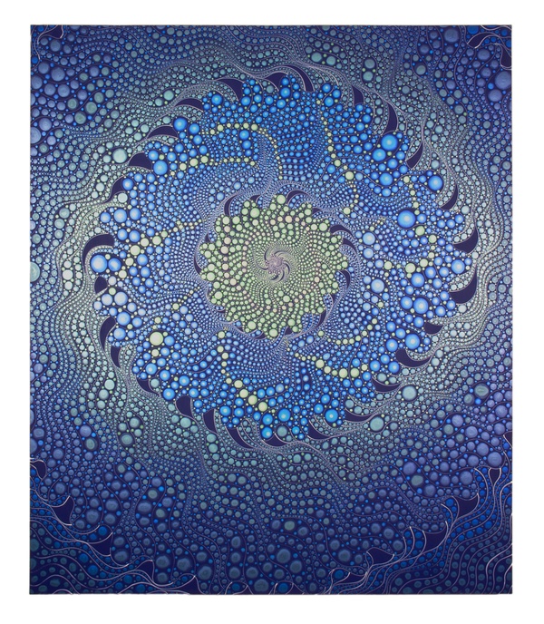 A mandala painted with blues, whites, and yellows, composed of three circular layers of dots and ripples. The outer layer begins a gradient from dark to light, with yellow and blue dots woven into the center.