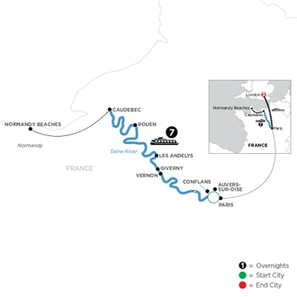 tourhub | Avalon Waterways | Paris to Normandy with 3 Nights in London (Tapestry II) | Tour Map