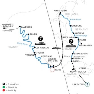 tourhub | Avalon Waterways | Timeless Rivers of Europe: the Rhine and Seine with Swiss Alps, 3 Nights in Lake Como & 1 Night in Lucerne (Envision & Tapestry II) | Tour Map