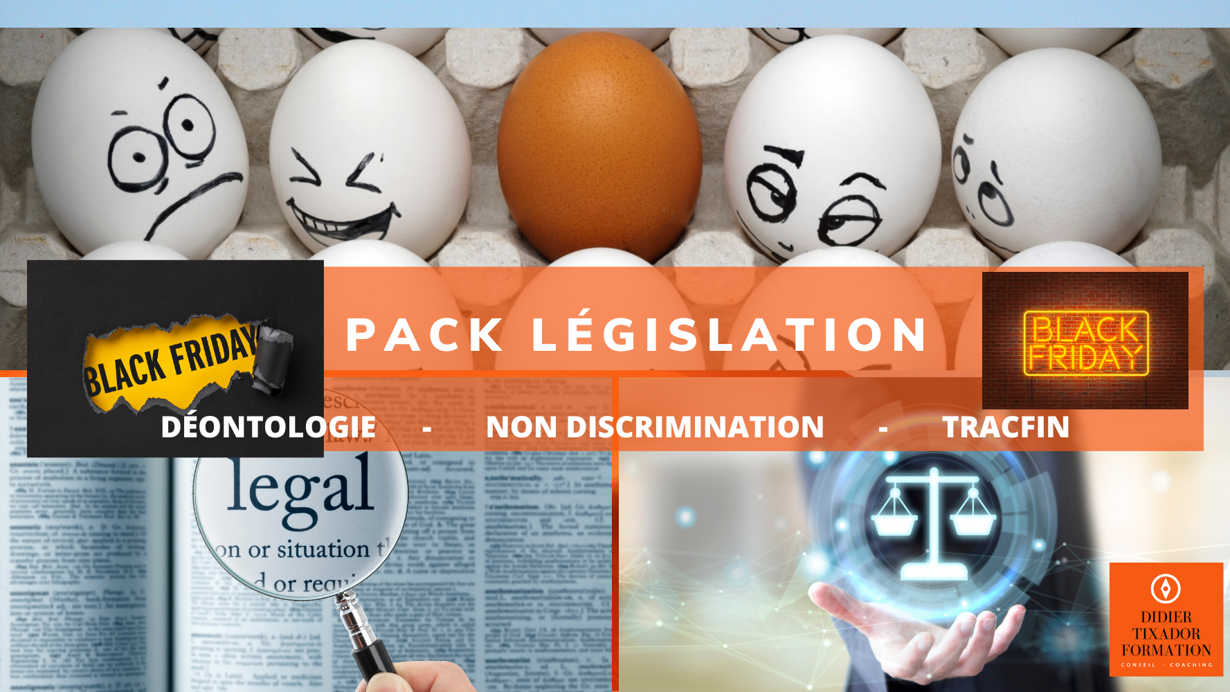 Représentation de la formation : 🏢 Pack législatif
 Éthique  et déontologie🤝,   
Non-Discrimination 🌈 et Accès au Logement 🏠 
Focus TRACFIN 🔍 

 Offre Spéciale Black Friday 🖤