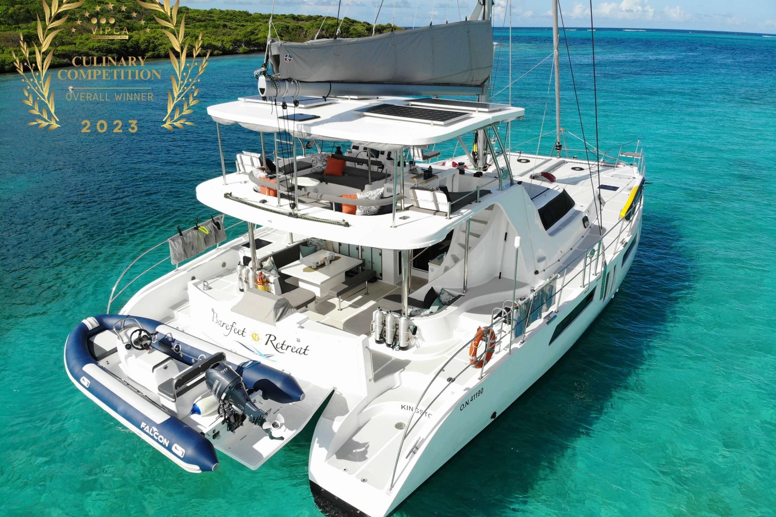 Where Luxury meets adventure! Introducing Barefeet Retreat the latest Royal 57 Catamaran. Indulge in the Crystal clear waters of the Virgin Islands on this ultra-spacious sailing Catamaran.  Barefeet Retreat features a flybridge that has 360-degree ocean views. The flybridge sports a fully functioning bar and easy access to several sun pads to soak up the Caribbean sun.

Experience the Islands in a different way with your own professional crew.

Barefeet Retreat accommodates up to 10 guests in 5 luxury queen cabins each with its own en-suite head and shower. All guest cabins are fully air-conditioned for guest comfort. Barefeet Retreat has a galley-up layout with all the modern amenities needed for the ultimate family and friend vacation. 
