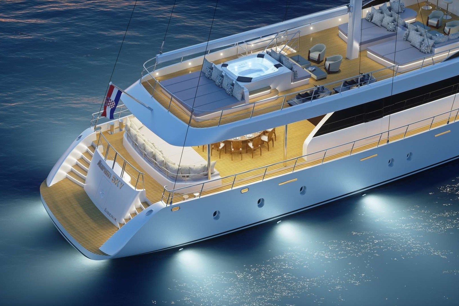 Launched in May 2020, this new luxury crewed motor sailer is available for charter along the stunning Adriatic coast, appointed central agency. Aurum Sky is by all means, a unique yacht on the charter market. At 43.5 meters, she offers expansive space in all areas. She accommodates up to 12 guests in 6 double en suite cabins. The cabins range in size between 20 m2 and 25 m2, and two can be converted to twin cabins. Equipped with a Smart TV/DVD, fridge, safe, Intercom, WiFi Flat 3G/4G, and with room service on option, the cabins allow for an entire private and personalized guest experience.

The elegant lounge extends to the stern dining area with a table for twelve, altogether nearly 100 m2. The flybridge of 120 m2 comprises a sunbathing area and a Jacuzzi to immerse you in relaxation and stunning vistas.

Aboard Aurum Sky, all your daily rituals are bound to be even better! Find a large Smart TV, DVD, USB iPad/iPod/mobile docking station in the saloon, while the upgraded sound system links to the flybridge and cabins. Read your press in the library, get business done efficiently in the privacy of the office. And for action and adrenaline, Aurum Sky packs a plethora of the top-notch water toys and equipment such as two jet skis, 2 Seabobs, adult and junior water skis, SUPs, fishing equipment, kayaks. More toys are available as extras.

Top of the hospitality aboard M/S Aurum Sky is provided by the highly experienced and professional crew of 8 which consists of the Captain, Chef, Engineer, Chief officer, Deckhand, Chief stewardess and  second stewardess and third stewardess . Your Captain will primarily care for your safety, and will also tailor your itinerary, so you discover many secluded gems of the Adriatic coast. Your Chef will prepare healthy Mediterranean specialites from fresh, local and seasonal ingredients, and if you wish, other international cuisines as well. Your steward/fitness trainer will guide your morning workouts on the deck while your on-call concierge service - will take care of activities onboard and ashore.

